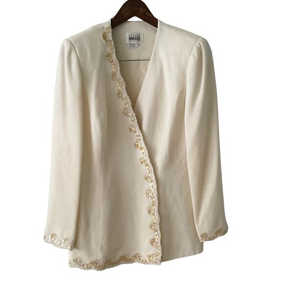 Vintage cream/ivory Sequin Lace Trim Evening Jacket Formal blazer size 10 medium - Picture 1 of 8